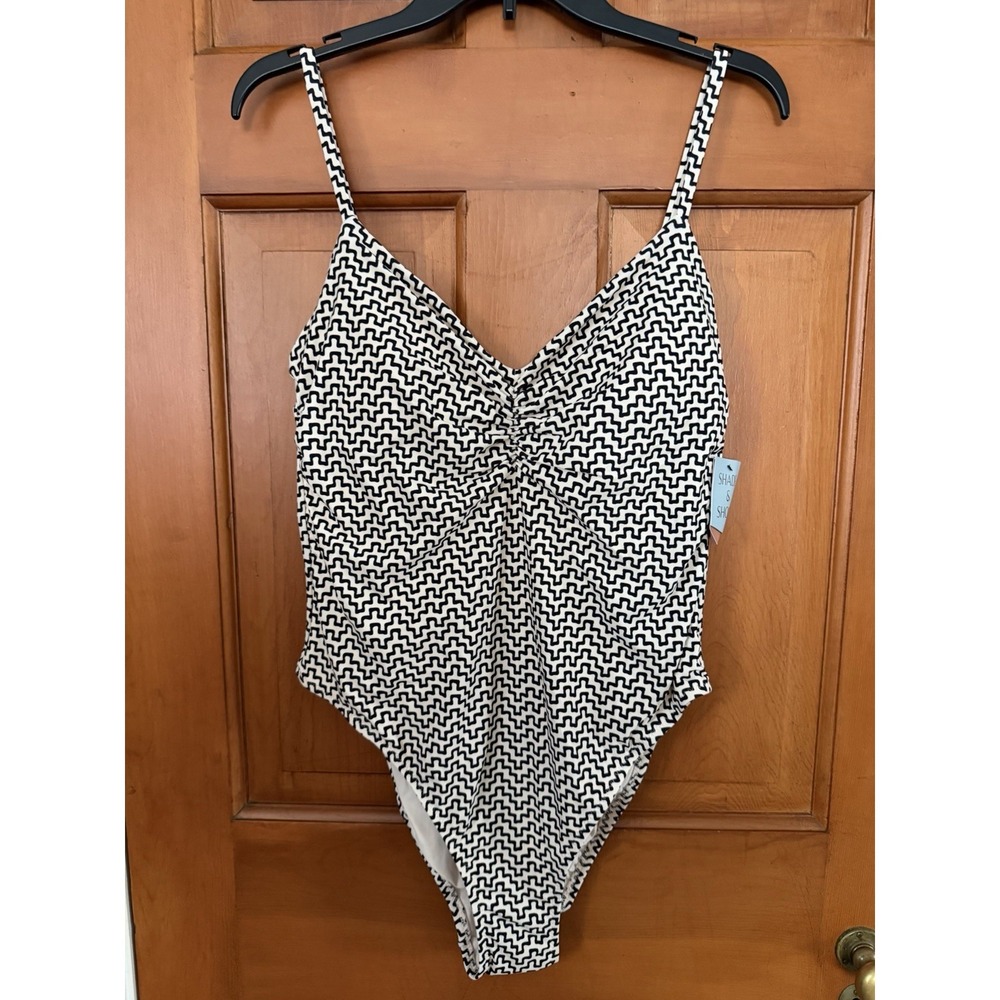 Women's Shade & Shore Geo Print V-Neck Black & Cream One Piece Bathing Suit XL